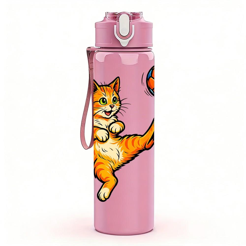 1PC Tabby Cat Playing Soccer Print 750ml Color Plastic Sports Water Bottle Leakproof Flip Straw Lid Suitable for Sports Office Home Use