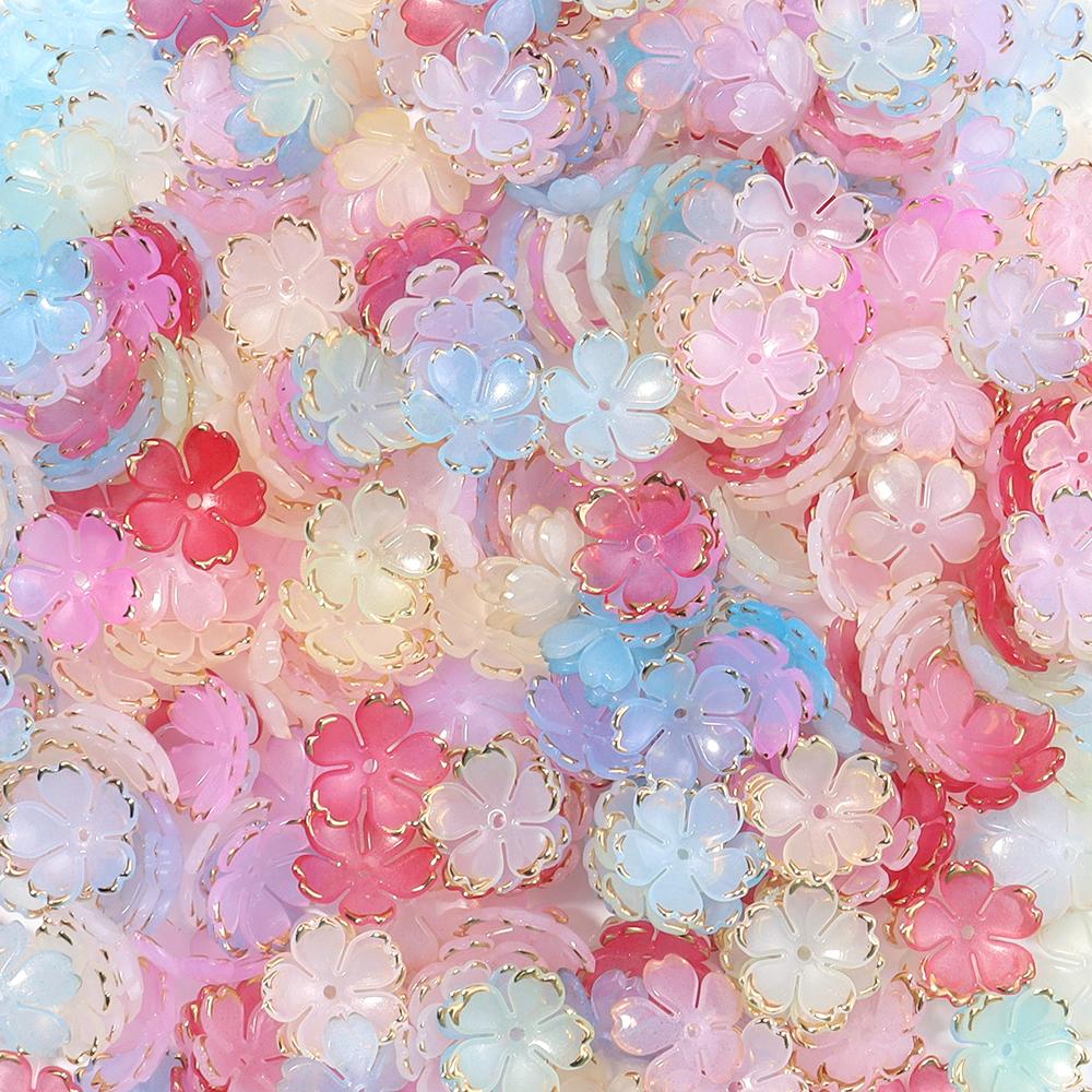 50pcs/lot Colorful Cherry Blossom Acrylic Beads Golden Brushed Patter Petals Charm Connectors For Jewelry Making DIY Acessories