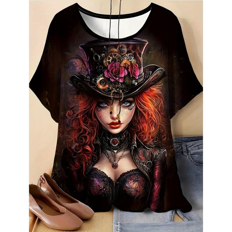 Plus-size Women s Printed T-shirt, Round Neck Short Sleeve Summer Top S
