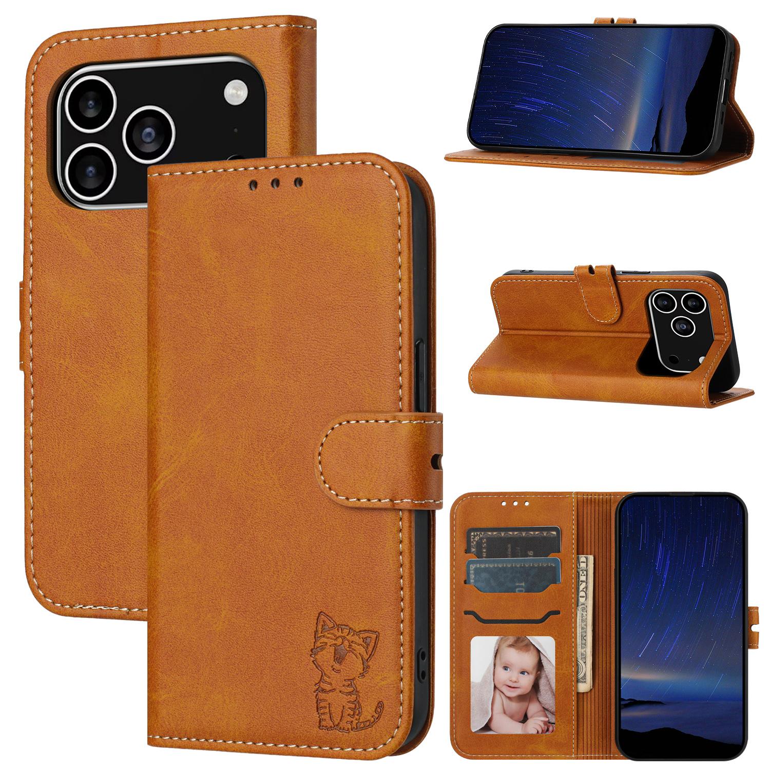 

For iPhone 17 Pro Case Happy Cat Pattern Imprinted Leather Wallet Phone Cover Yellow