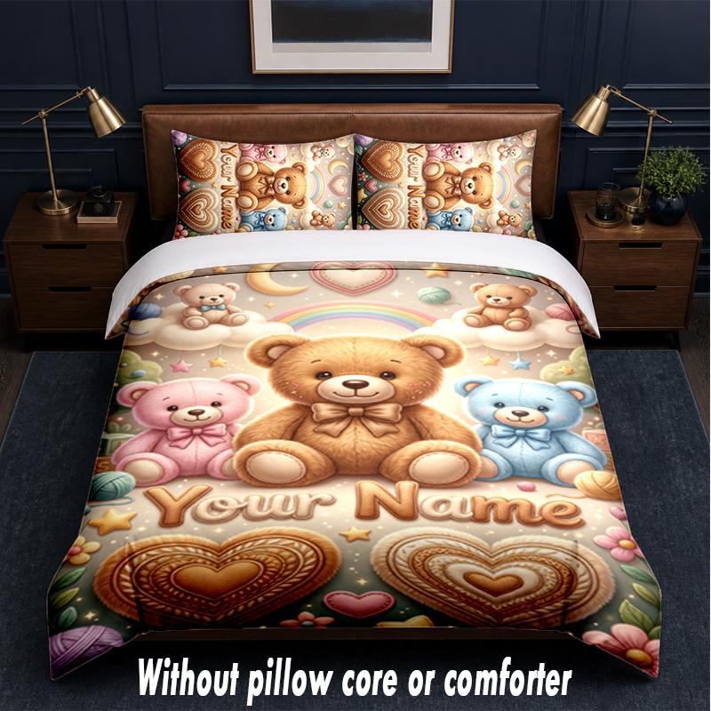 Teddy Bear Theme Custom Text Or Name 3Pcs Bedding Set,1 Flat Sheet & 2 Pillowcases Personalized Home Bedding