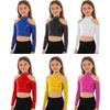 Meisjes Glanzende Pailletten Croptop Lange Mouw Achterkant Drukknopen Sluiting Dansshirt