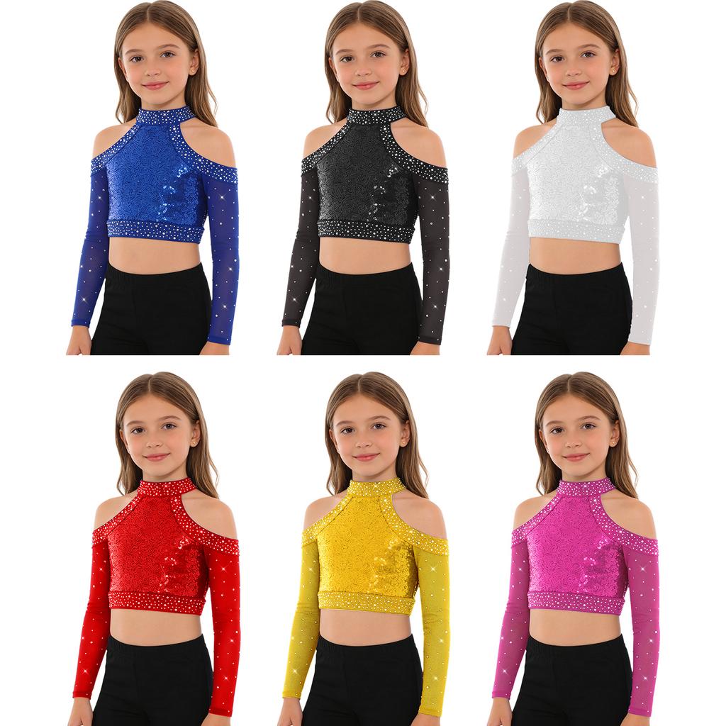 Girls Shiny Sequins Crop Top Long Sleeve Back Neck Press Buttons Closure Dance Shirt