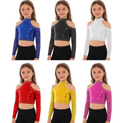 Crop Top Brillante con Lentejuelas para Niñas Manga Larga Cierre de Botones a Presión en la Espalda Camisa de Baile