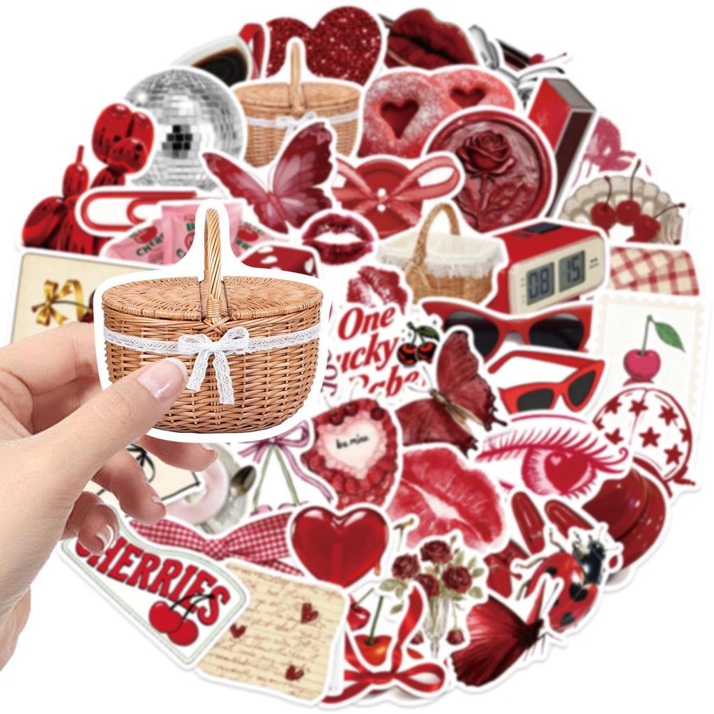 50 Cherry-Colored English Graffiti Stickers: Waterproof, Self-Adhesive for Scrapbooks & Phone Cases