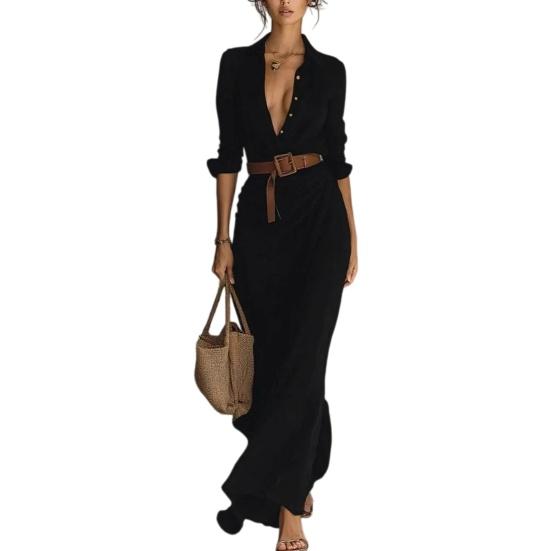 

Summer Shirt Dress for Women Long Sleeve V Neck Button Down Belted Long Dress Boho Ruched Beach Vacation Outfits M чёрный