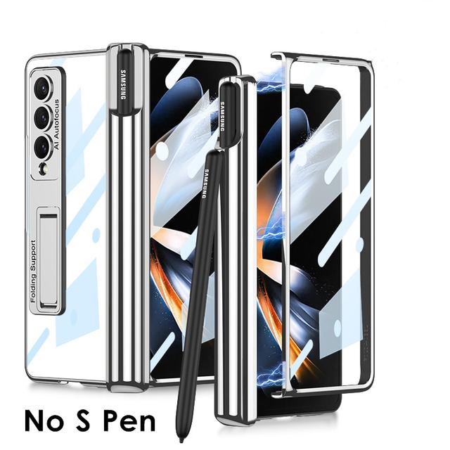 Plating Magnetic Hinge Pen Slot Case For Samsung Galaxy Z Fold 4 Cover Clear Bracket Cover For Z Fold4 5g
