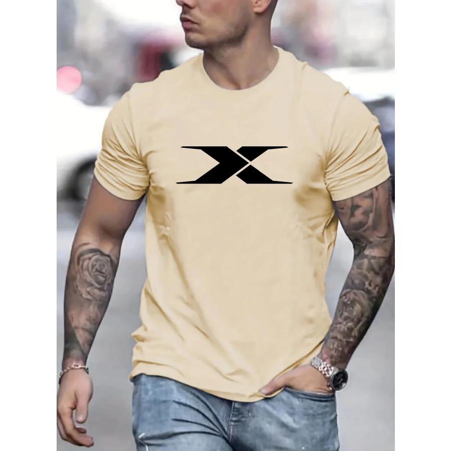 Cotton Summer Men's 100% Cotton Casual Loose Fit Large X Letter Print Round Neck Short Sleeved T-shirt Top High Street Unisex Style
