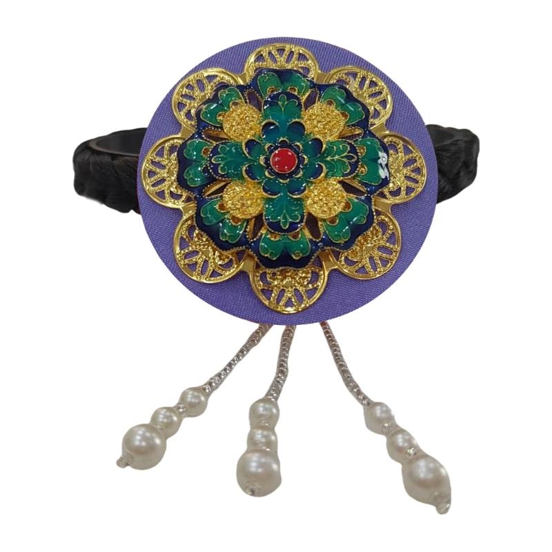 Traditional Korean Hanbok Headband for Women and Girls Blue Glaze and Faux Pearls Hair Hoop Stage Dance Hair Accessory