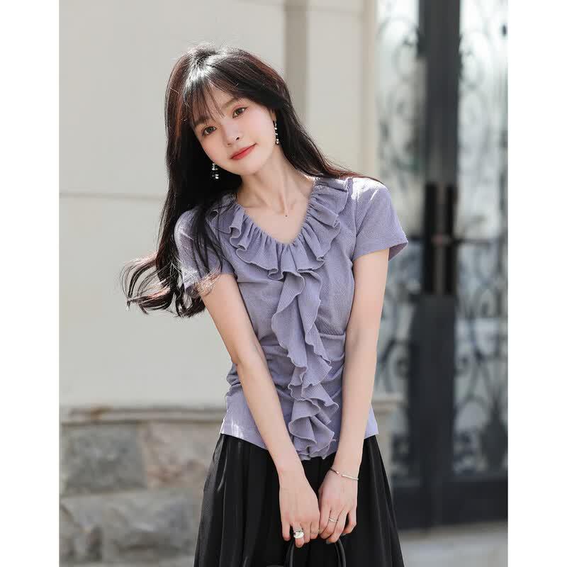French Romantic Ruffle V-Neck Short Sleeve T-Shirt