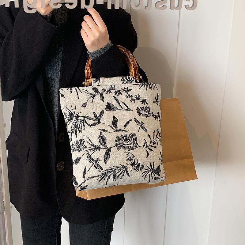 Bamboo Tote Bag Niche Bag New Fashion Canvas Embroidery Large Capacity Tote Bag Ethnic Style Bag