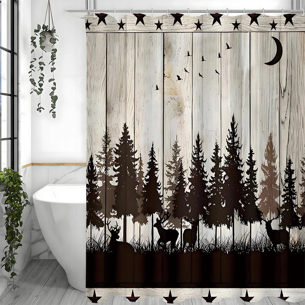 

Elk Bear Pine Forest Animal Hunting Lodge Country Cottage Rustic Farmhouse Shower Curtain, Bathroom Decorative Shower Curtain, W W60H190(CM)-1 Pcs