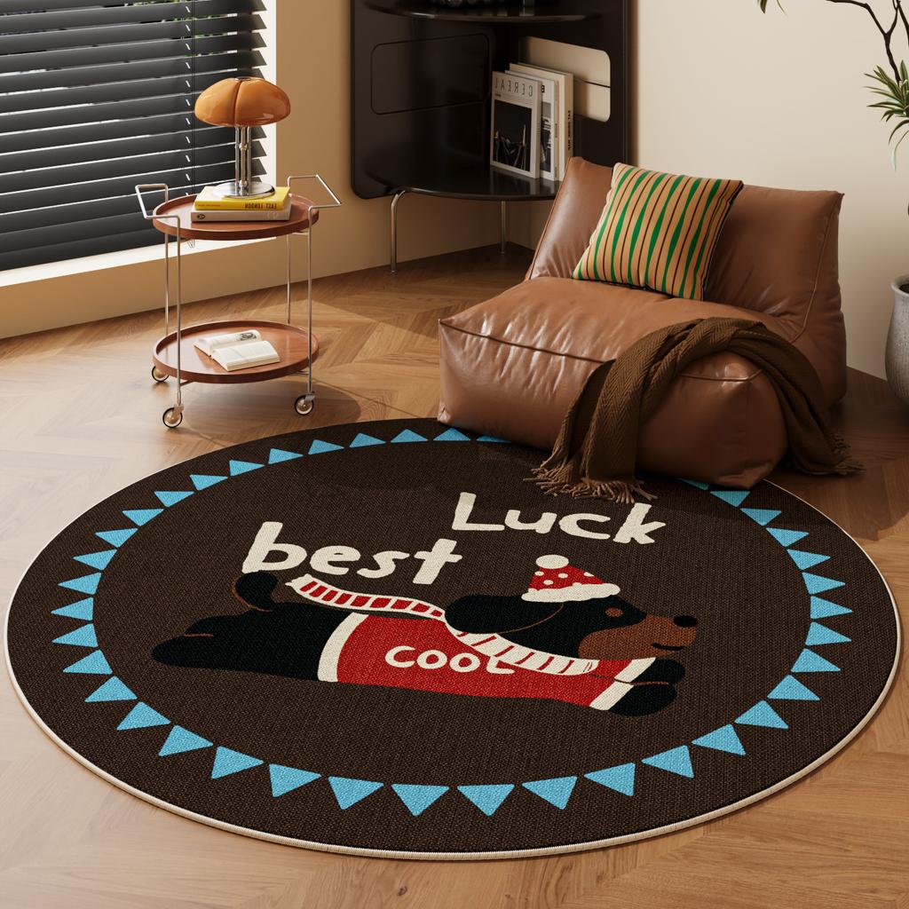 Cartoon Dog Round Carpet Mat - "best Luck" Text Rug with Geometric Border for Living Room Home Decoration Brown Rugs for Bedroom