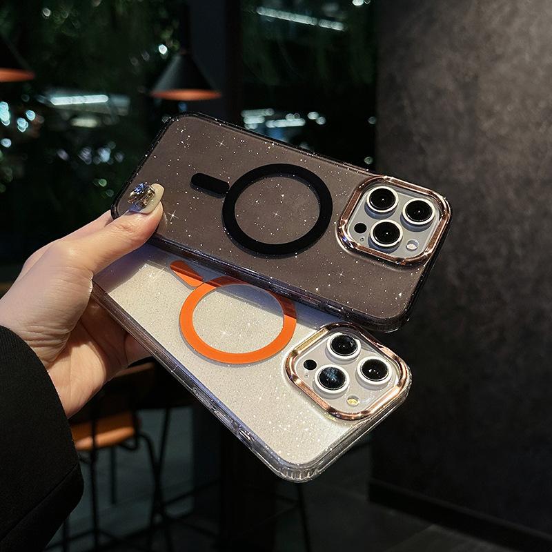 Suitable for IPhone16promax Flash Powder Transparent Magnetic Phone Case and Apple 15 Metal Lens Anti Drop Protective Case