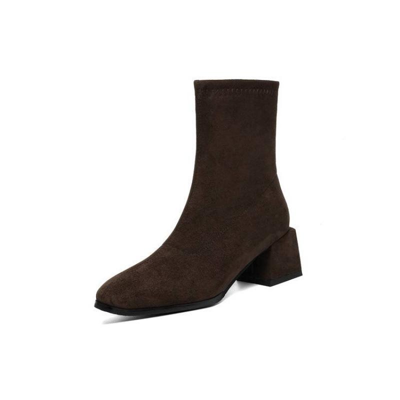 Autumn and Winter Side Zipper Medium Heel Large Size Women's Boots Solid Color Square Heel Round Head Suede Fashion Boots New Medium Boots Women
