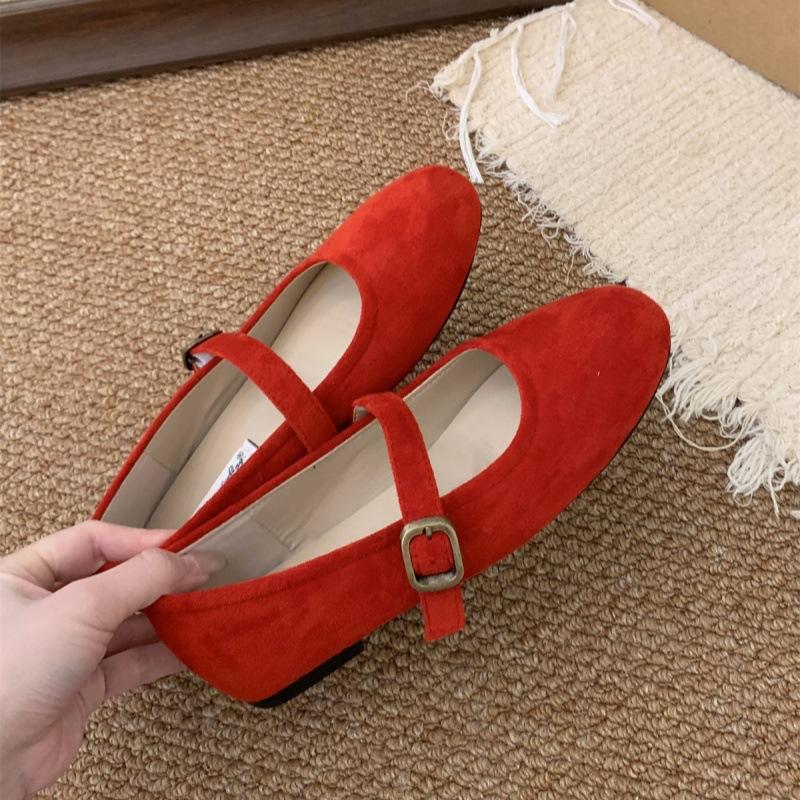Suding round head retro red shallow mouth single shoes women's 2025 new spring Mori soft flat Mary Jane Doudou shoes