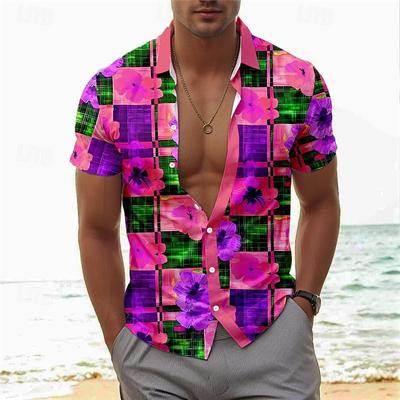 Men's 3D Pink Peach Blossom Printed Shirt Button Up Shirt Casual Shirt Summer Shirt Short Sleeved Daily Vacation Clothing