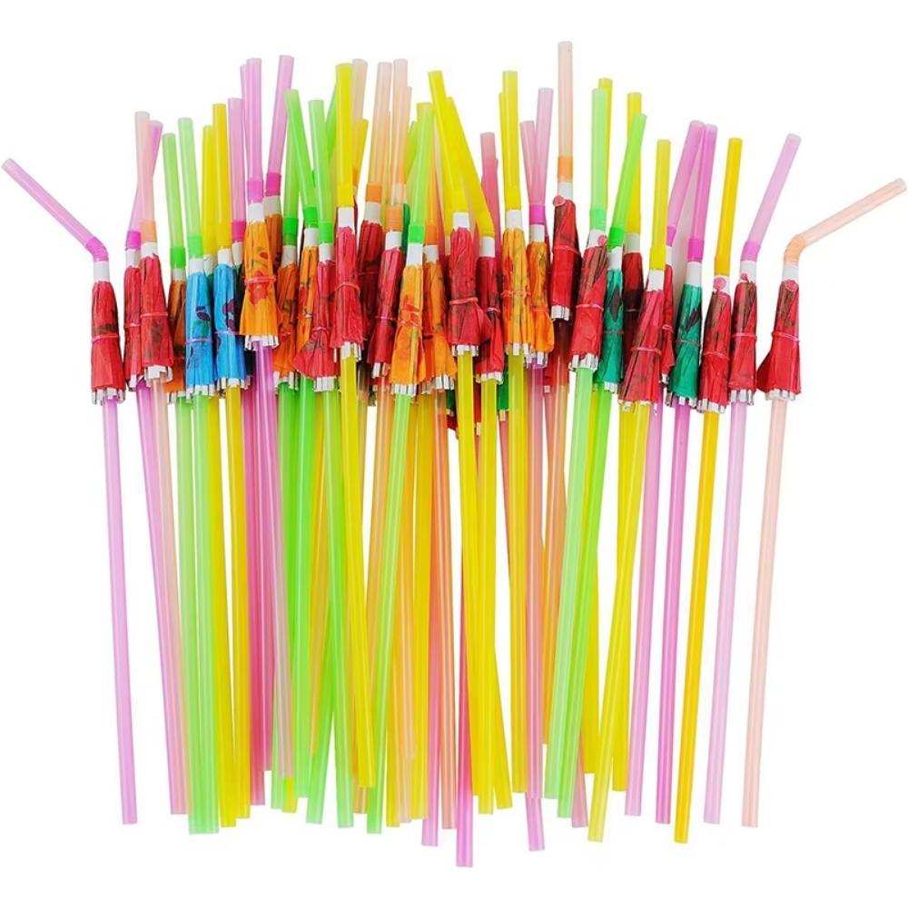 100pcs Mixed Color Hawaiian Party Drink Straws Plastic Parasol Drinking Straws  Beach