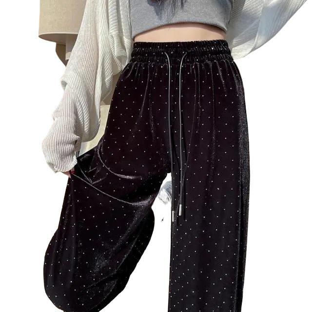 Women's High Waist Gold Velvet Starry Sky Wide-Leg Sweatpants