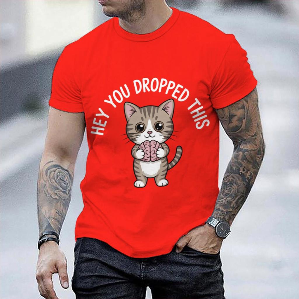 Unisexs Fun Sarcastic Cat And Brain Graphic Tshirts Hey You Dropped This Humorous Quotes Short Sleeve Male Tshirts