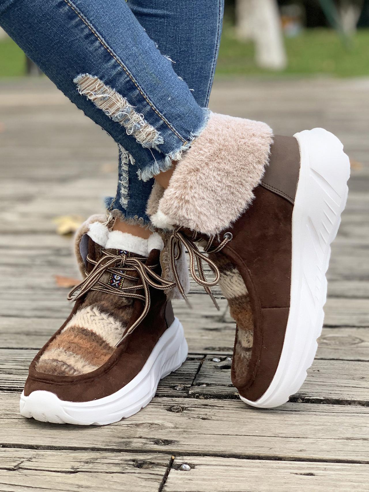 

Осень и зима новые ботинки для снега с круглым носком и цельным мехом, женские ботинки на шнуровке, большого размера, на плоской подошве, с толстой подошвой, хлопковые ботинки женские 39