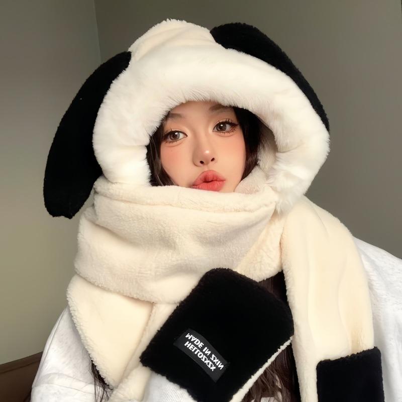 New cute plush hat scarf gloves integrated hat women's autumn and winter cartoon warm cycling thickened ear protector