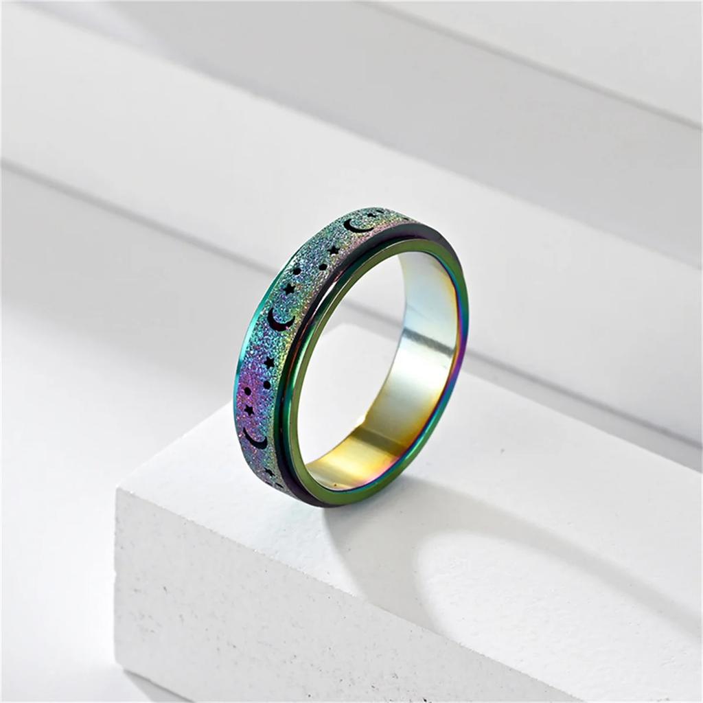 Frosted Stainless Steel Moon And Star Fidget Rings For Men Anti Stress And Anxiety Rotating Ring Fidget Metal Spinner Anillos