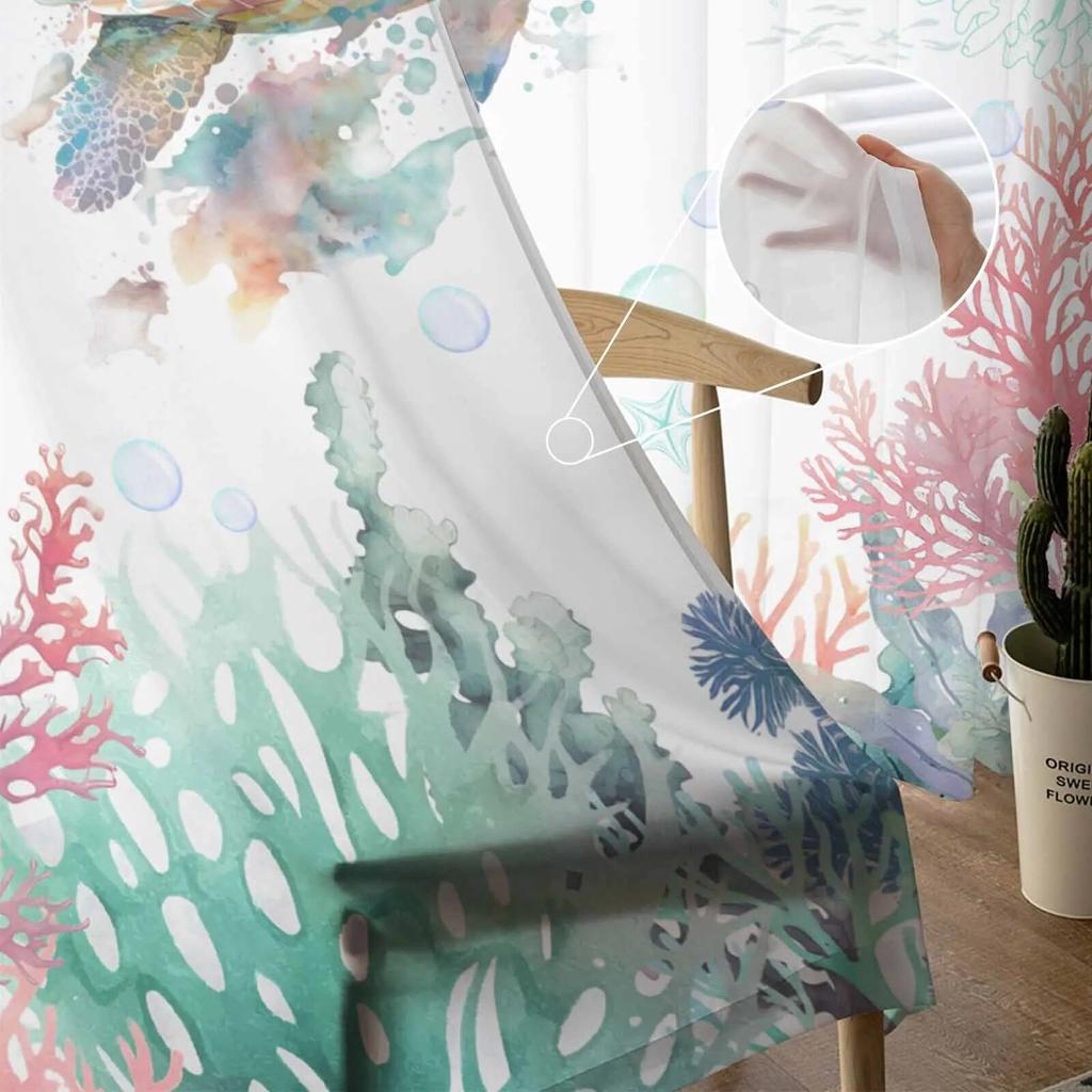 Sea Life Sea Turtle Coral Blue Sheer Curtains For Living Room Kitchen Window Curtains Bedroom Tulle Voile Curtains