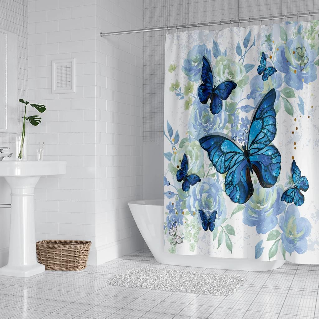 1 Piece Of 180X180Cm Blue Butterfly Flower Printed Shower Curtain Partition, Bathroom Waterproof And Mold Resistant