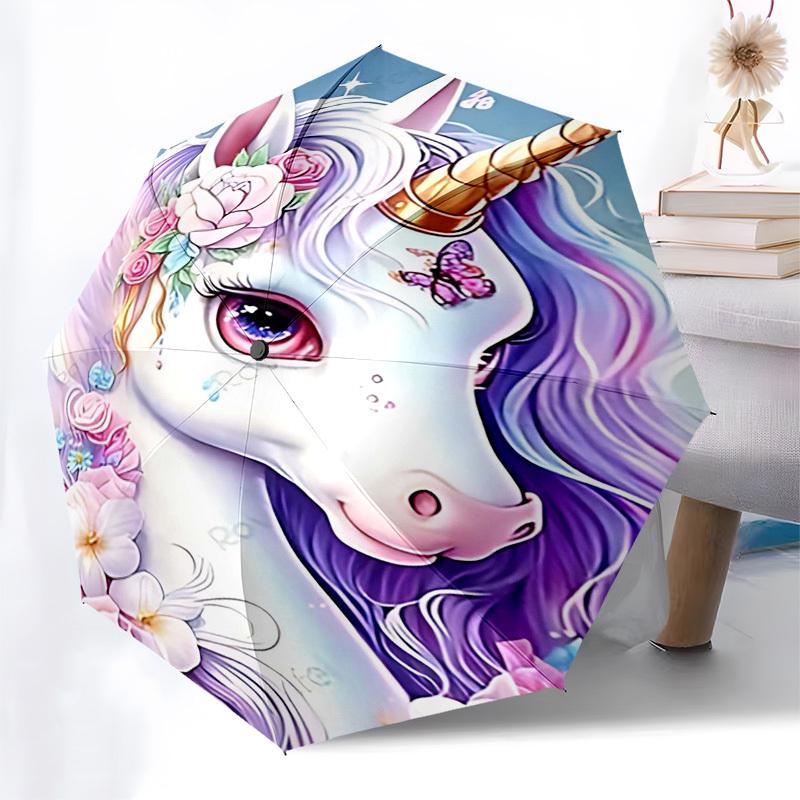 1pc unicorn flowersOpen/Close Umbrella-Windproof, Compact Travel Umbrella, Sturdy 8-Rib Shaft, Outdoor Accessory, 1112