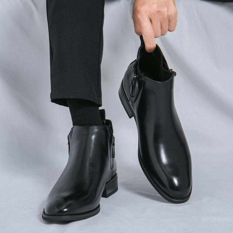 Fashion Fashion Brand Men's Autumn Comfortable Pointed Chelsea Leather Boots Retro Style Men's Side Zipper Breathable Casual Short Boots