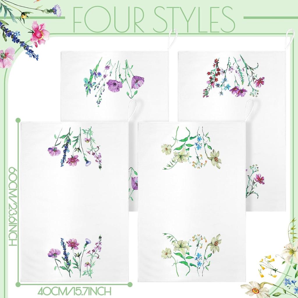 Bencailor 4 Pcs Floral Kitchen Towels Wildflower Print Flower Plants Embroidered Absorbent Dish Towels Housewarming Gift for Autumn Fall Bathroom