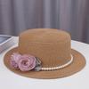 Stylish 3D Flower Pearls Design Flat Top Boater Hat Women's Breathable Straw Beach Hat Summer Wide Brim Sun Cap for Holiday