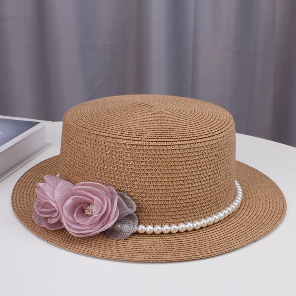 Stylish 3D Flower Pearls Design Flat Top Boater Hat Women's Breathable Straw Beach Hat Summer Wide Brim Sun Cap for Holiday