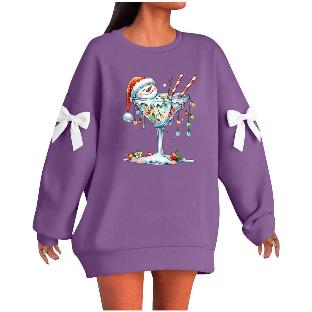 Ladies' Christmas Printed Bow Round Neck Long Sleeved Loose Pullover Sweater Sweatshirt Top