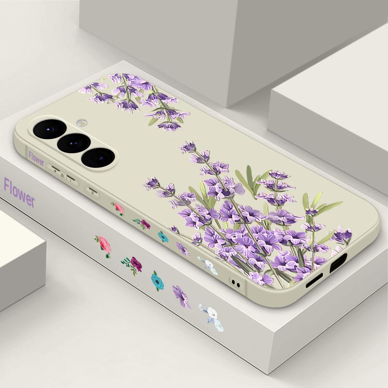 Floral Print Soft Matte Case Cover For Samsung S25 Ultra S24 FE S23 A56 A36 A16 A55 Lens Protection TPU Lanyard Shockproof Silicone Slim Phone Shell