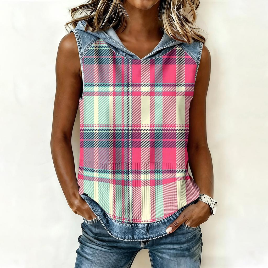 Damen Kapuzenweste Freizeit Ärmellos Patchwork-Design Leicht Bequeme Passform Weicher Stoff Stilvolles Print-Detail Sommerkleidung