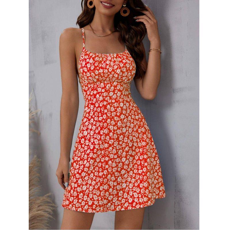 Small Summer New Arrival Sweet Small Floral Print off-Neck Sexy Sexy Open Back Sling Dress Seaside Skirt