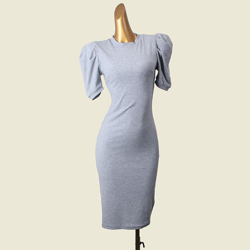 

Niche Style Sexy Retro Puff Sleeve French Style Temperament Slim Looking round Neck Mid-Length Knitting Dress Grey S