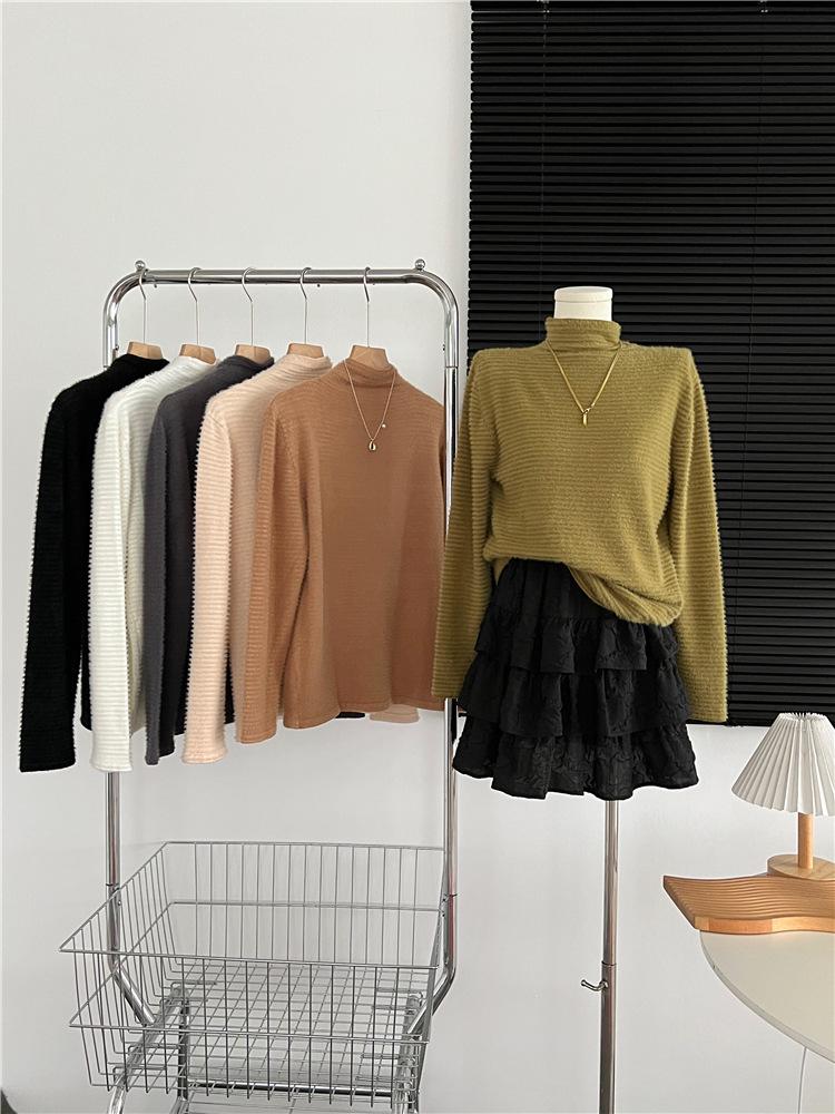 Mink Velvet Lace Flocked Slim Fit High Collar Women's Top - 2022 Winter Style