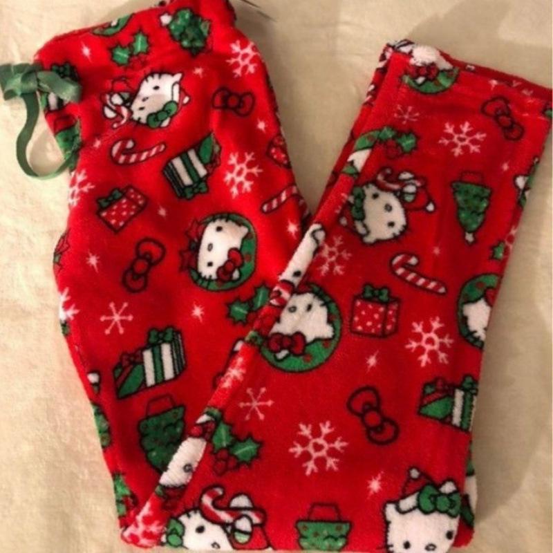 Cartoon Cat Christmas Flannel Pajama Pants for Women - Cozy Winter Kitty Fleece Lounge Wear