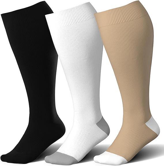 Three Pairs Wide-Calf Compression Socks: Plus Size Knee-High Support for Men & Women, Odor-Resistant Sports Socks