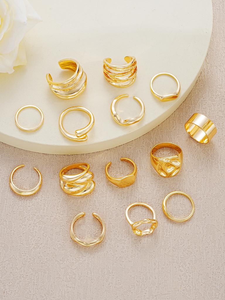 14pcs Asymmetrical Design Cocktail Rings Set For Women Vintage Smooth Chunky Geometric Irregular Finger Rings Daily Jewelry Gift