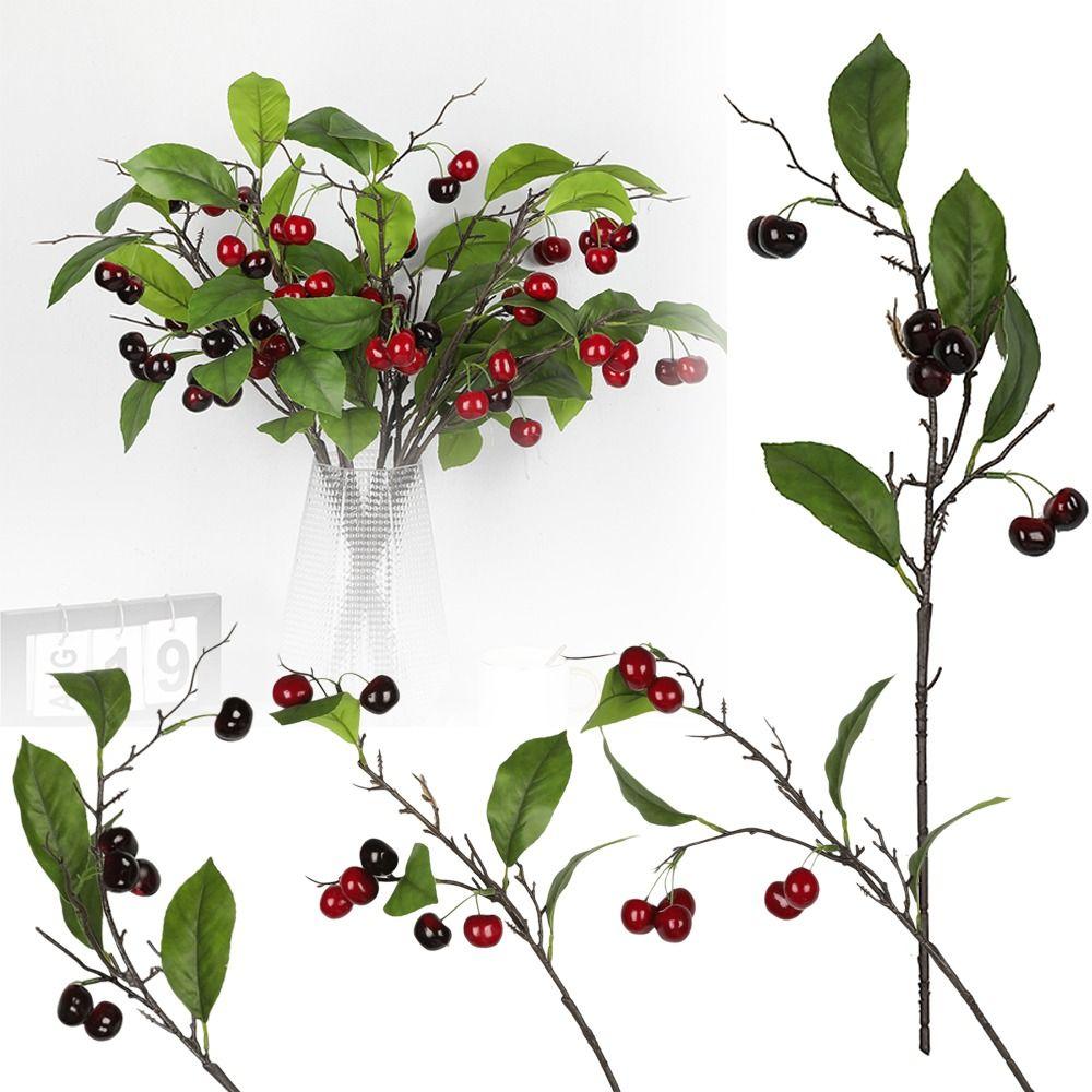 7PCS Cherry Faux Berry Branches Floral Arrangement Red Cherry Decorative Branches  Desktop Ornament