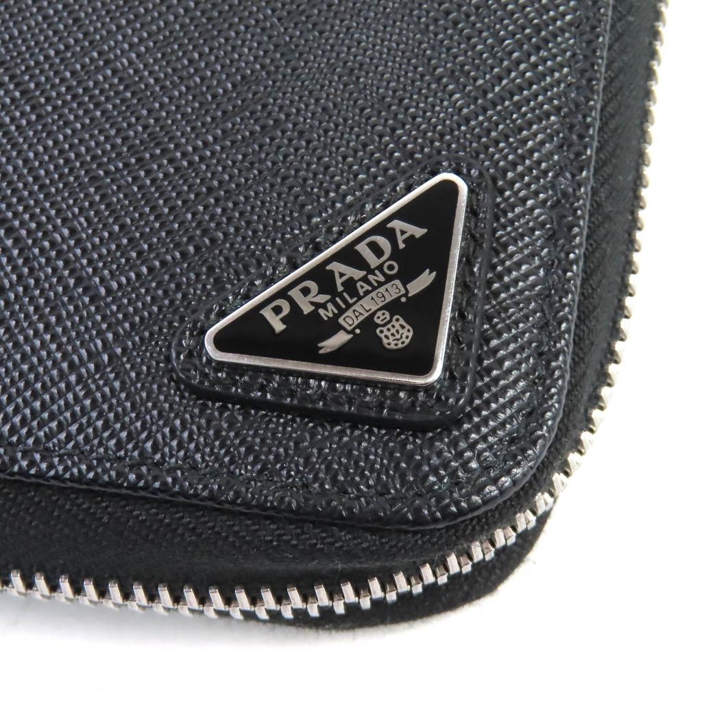 Great PRADA Triangle Logo Round Zip Long Wallet Black Safiano Leather 2ML188 Used