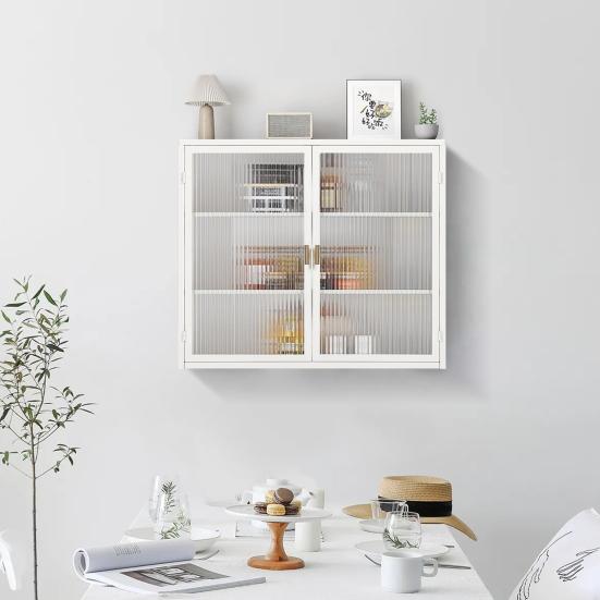 Wall Cabinet Modern Glass Double Doors Three Tiers Detachable Shelves Golden Handle Entryway Living Room Kitchen Bathroom Wood Storage Sideboard