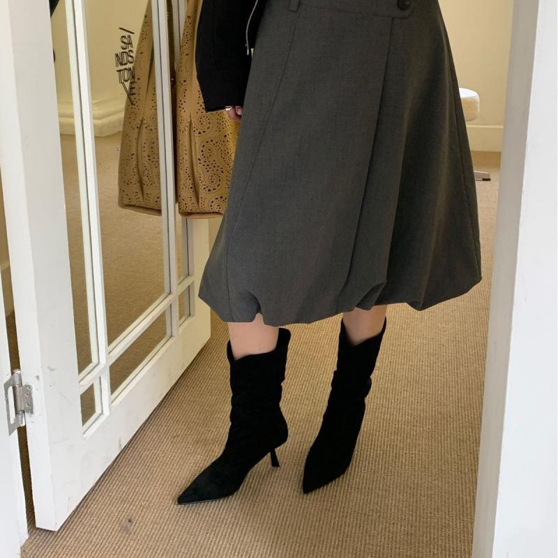 2025 Autumn and Winter Thin Heel High Heel Women's Boots Suede V Mouth Medium Tube Thin Pointed Fashion Boots