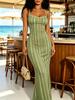 Women's Modern Elegant Casual Fashion Spring Summer Autumn Sleeveless Spaghetti Strap Bodycon Mermaid Dress with Green Vertical Stripe Print