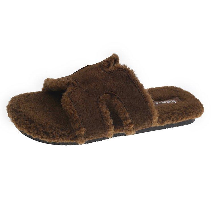 

2025 autumn and winter versatile new slippers women s one-word fashion Mao Mao shoes wear retro British style flat bottom Mao Mao drag 40