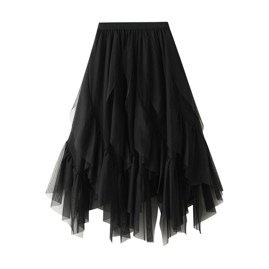 Women's Fashion Casual Solid Color High Waist Ruffle Splicing Mesh Half-body Skirt